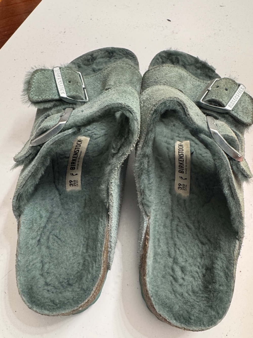 Birkenstock Women's Fuzzy Double-Strap Slides in Sage size 39 - Picture 2 of 4
